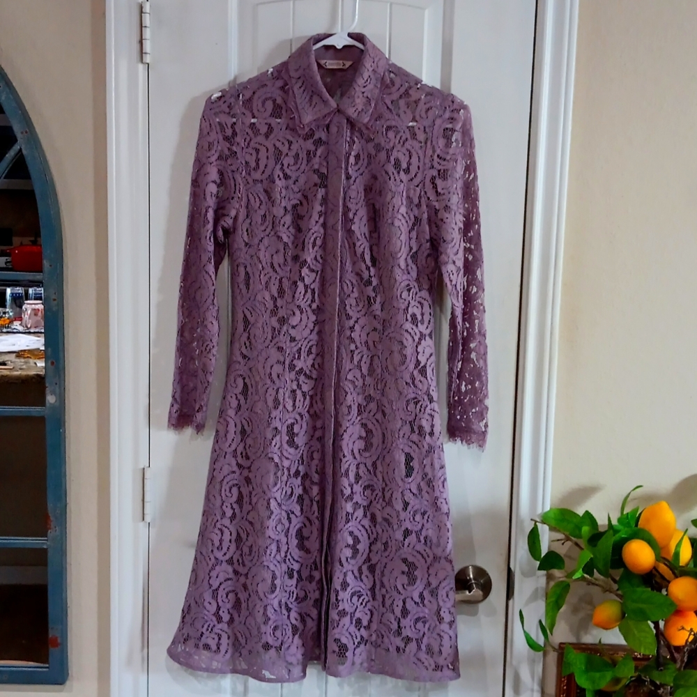 Nanette Lepore Purple Lace Long Sleeve Button Front Shirt Dress